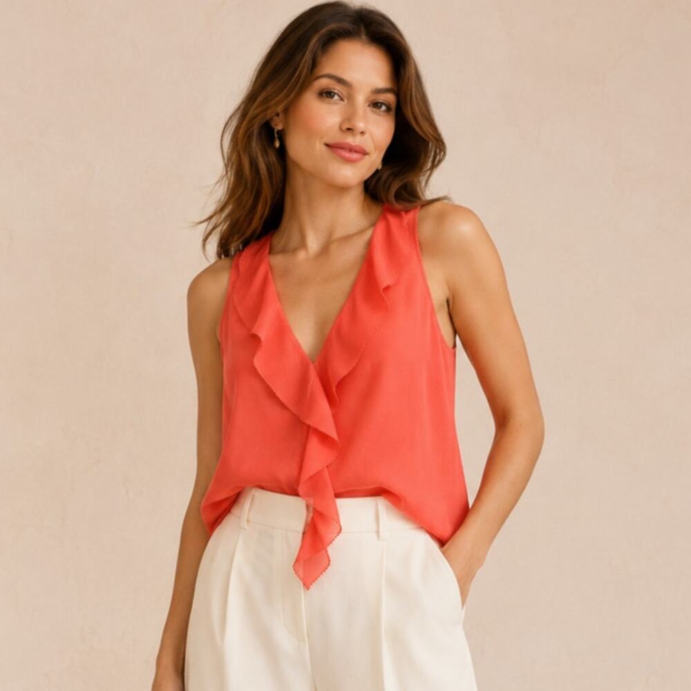 Rebecca Taylor Coral Silk Ruffle Sleeveless Blouse Women’s Size 4